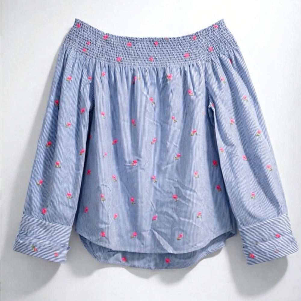 Tommy Hilfiger Blue Off-Shoulder Top with Pink Floral Embroidery